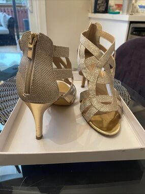 Gold Glitter Strappy High Heel Sandals with Back Zipper